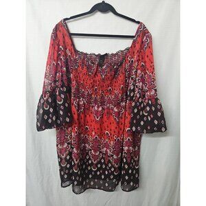 Womens Lane Bryant Sz 26/28 Sheer Peasant Blouse Brown Orange Boho Fairy